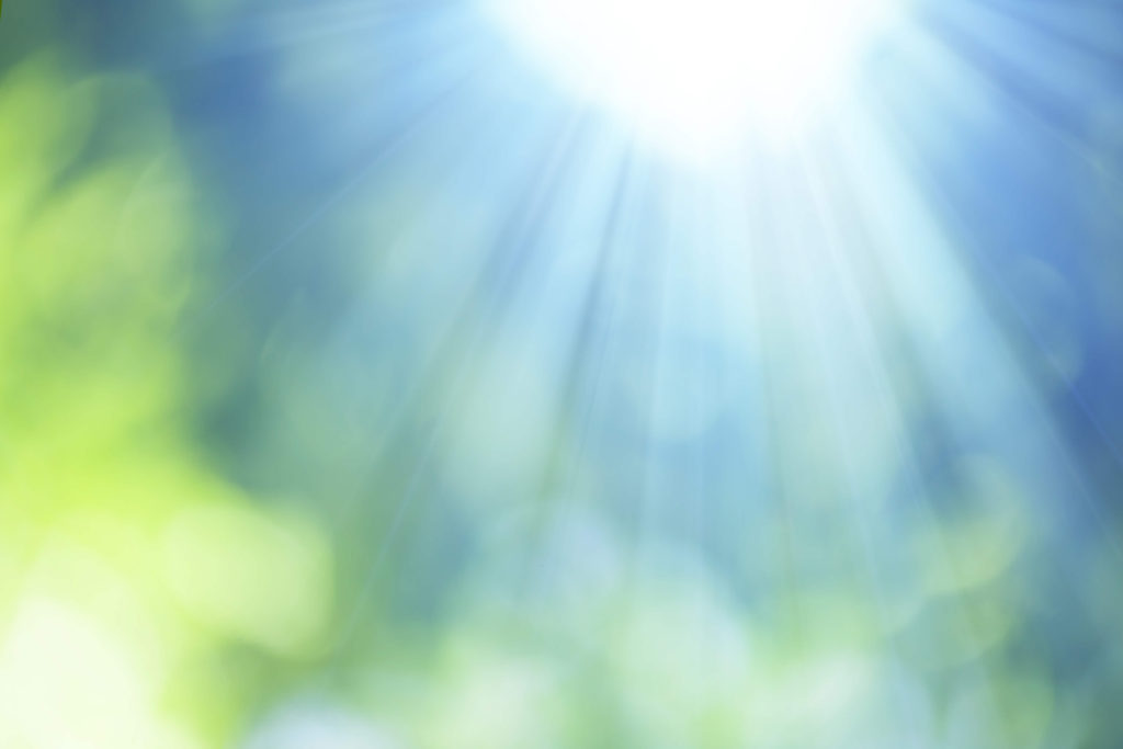 Photo of sunrays against a blurry blue sky and trees