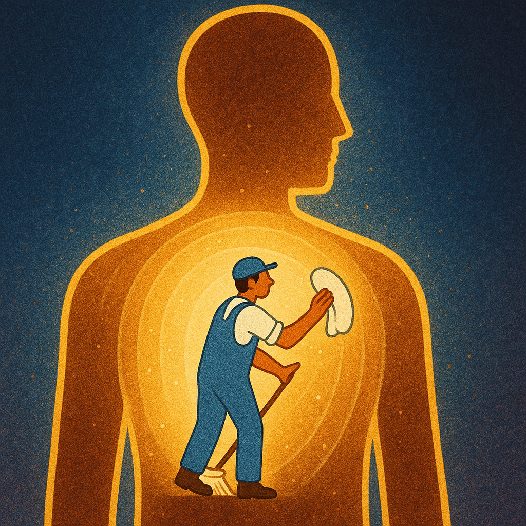 Illustration of a cleaning man with a mop and a a towel cleaning the inside of a human figure