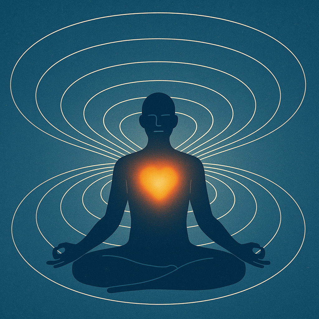 Illustration of a person meditation with a glowing heart at the center of their chest