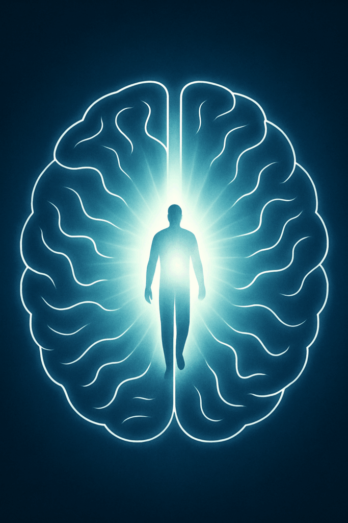 Illustration of a person at the center of an abstract drawing of a brain