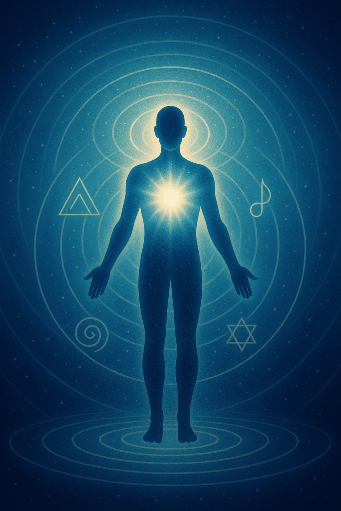 Illustration of a figure with sacred geometry shapes in the background and a ball of light at their heart center