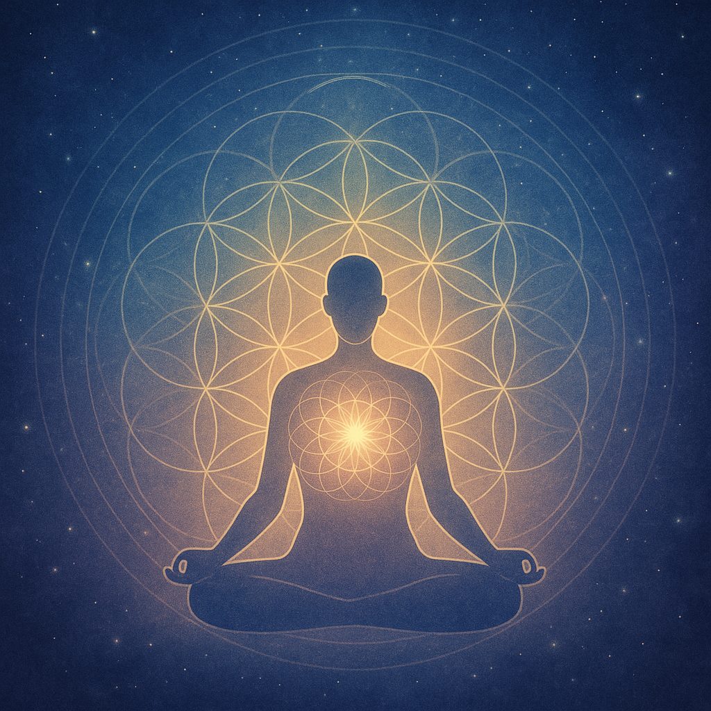 Illustration of a person meditating with a glowing symbolic shape of sacred geometry at their heart center and behind them