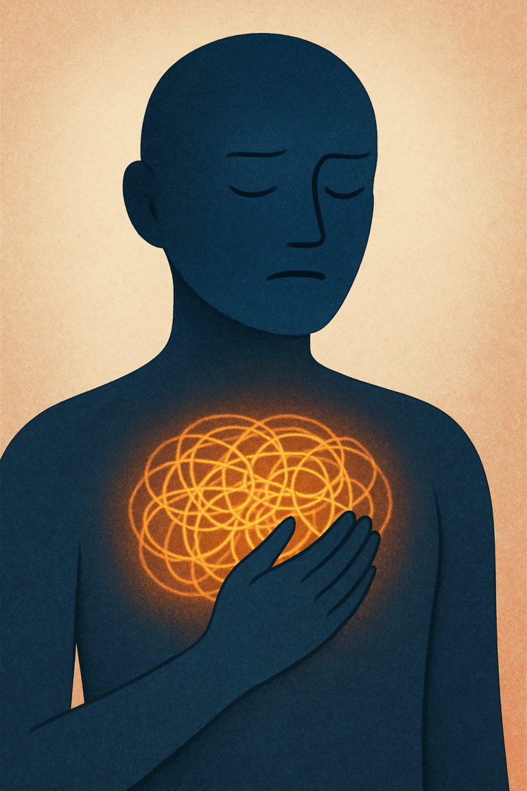 Illustration of a person gently holding their chest with eyes closed, a glowing tangled light at the heart symbolizing inner emotional experience, somatic awareness, and the body’s intuitive wisdom.