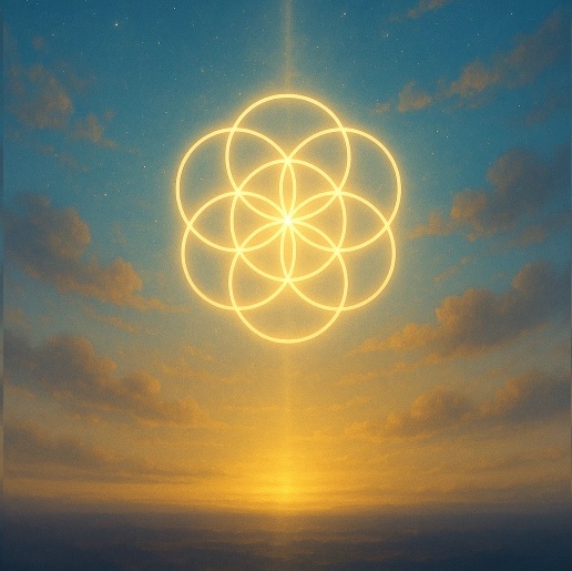 Illustration of a sacred geometry symbol in a sunny cloudy sky